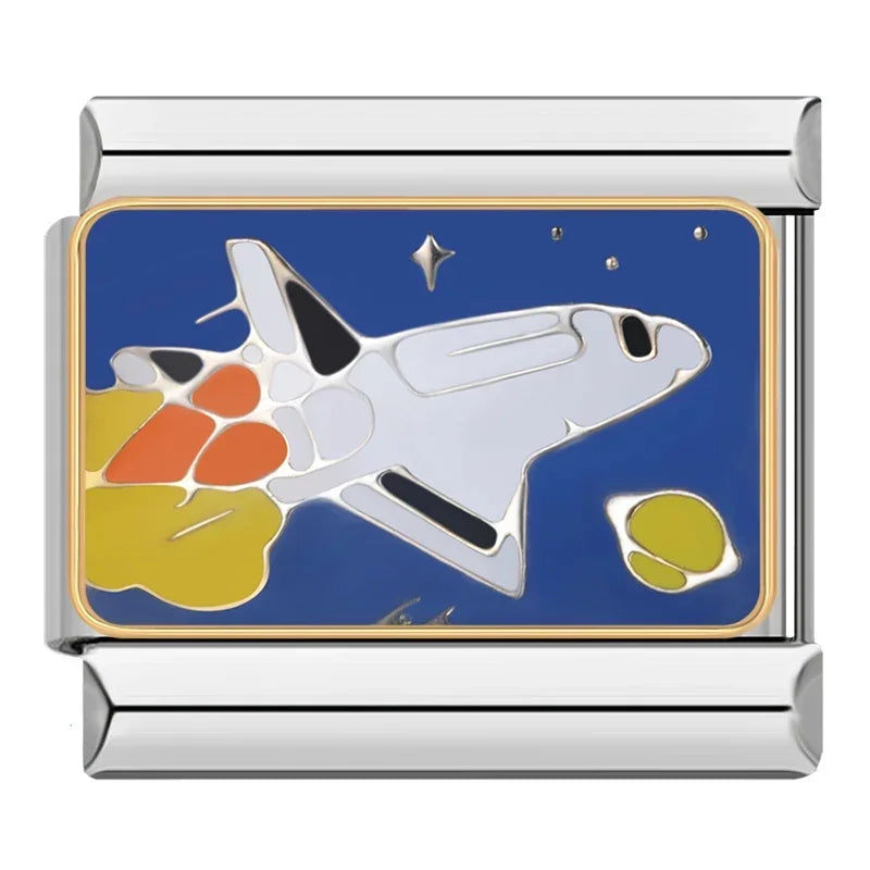 Blue Themed Italian Charms – white space shuttle enamel charm flying against starry blue night sky, Italian charm bracelet charm by Charmtastic