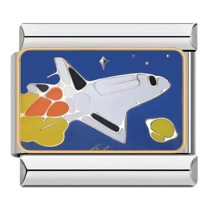Blue Themed Italian Charms – white space shuttle enamel charm flying against starry blue night sky, Italian charm bracelet charm by Charmtastic