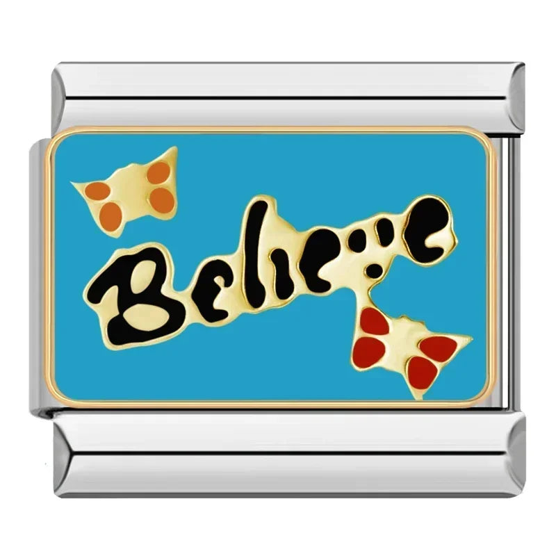 Blue Themed Italian Charms – Believe script word enamel charm with orange and red butterflies on teal background, Italian charm bracelet charm by Charmtastic