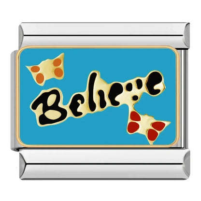 Blue Themed Italian Charms – Believe script word enamel charm with orange and red butterflies on teal background, Italian charm bracelet charm by Charmtastic