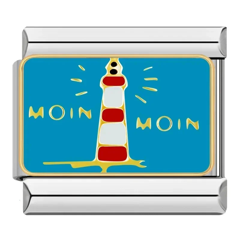 Blue Themed Italian Charms – red and white striped lighthouse enamel charm with Moin Moin gold text on teal background, Italian charm bracelet charm by Charmtastic