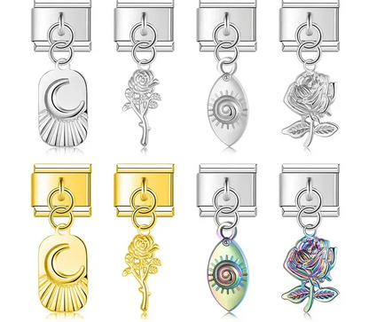 9mm Italian charm bracelet links featuring silver, gold, and iridescent rainbow dangles of sun and moon tags, rose stems, and abstract spiral eyes.