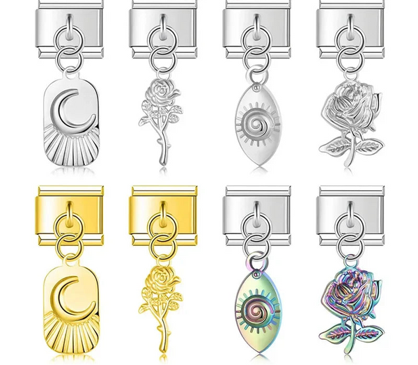 9mm Italian charm bracelet links featuring silver, gold, and iridescent rainbow dangles of sun and moon tags, rose stems, and abstract spiral eyes.