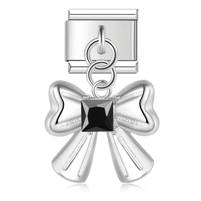 Bow Rectangle Gemstone charms – silver bow charm with black CZ, Italian charm bracelet charm by Charmtastic