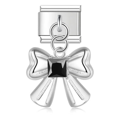 Bow Rectangle Gemstone charms – silver bow charm with black CZ, Italian charm bracelet charm by Charmtastic