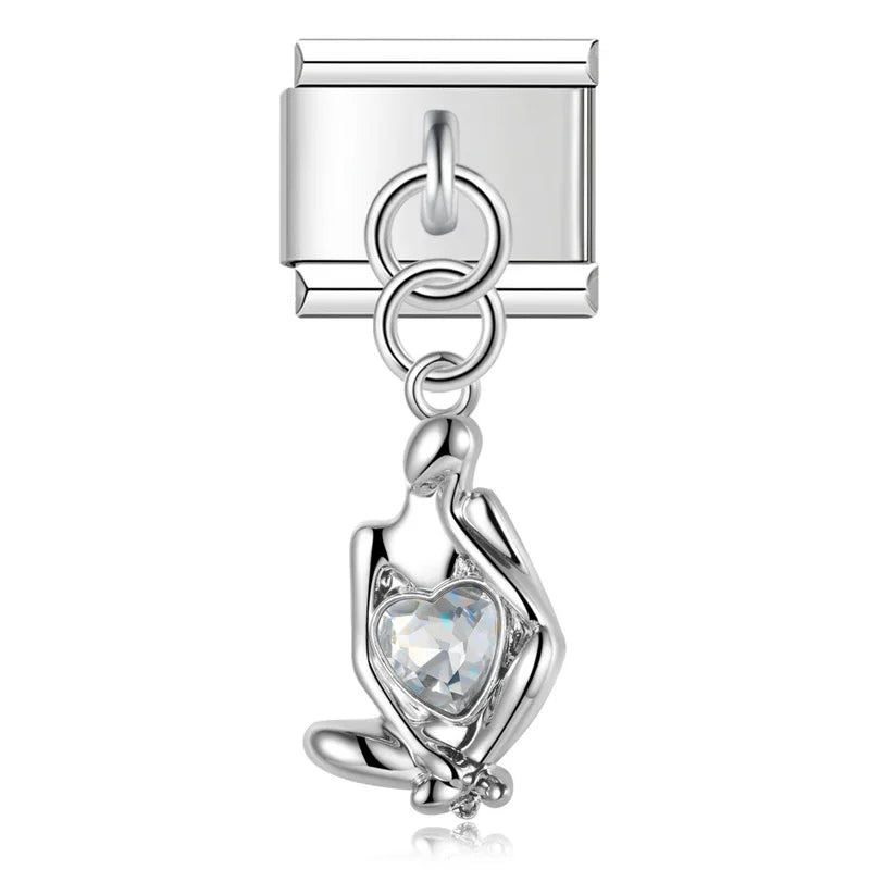 Bow Rectangle Gemstone charms – silver heart-in-hands charm with clear CZ, Italian charm bracelet charm by Charmtastic