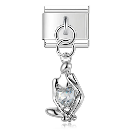 Bow Rectangle Gemstone charms – silver heart-in-hands charm with clear CZ, Italian charm bracelet charm by Charmtastic