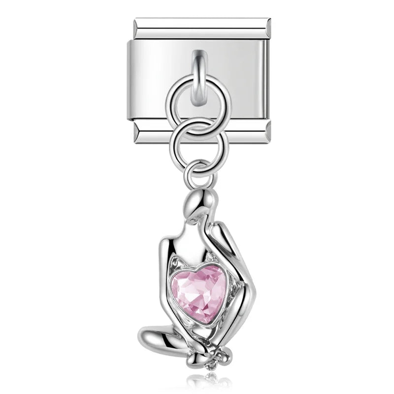 Bow Rectangle Gemstone charms – silver heart-in-hands charm with pink CZ, Italian charm bracelet charm by Charmtastic