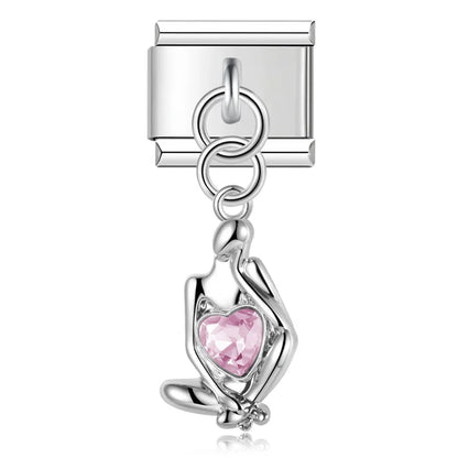 Bow Rectangle Gemstone charms – silver heart-in-hands charm with pink CZ, Italian charm bracelet charm by Charmtastic