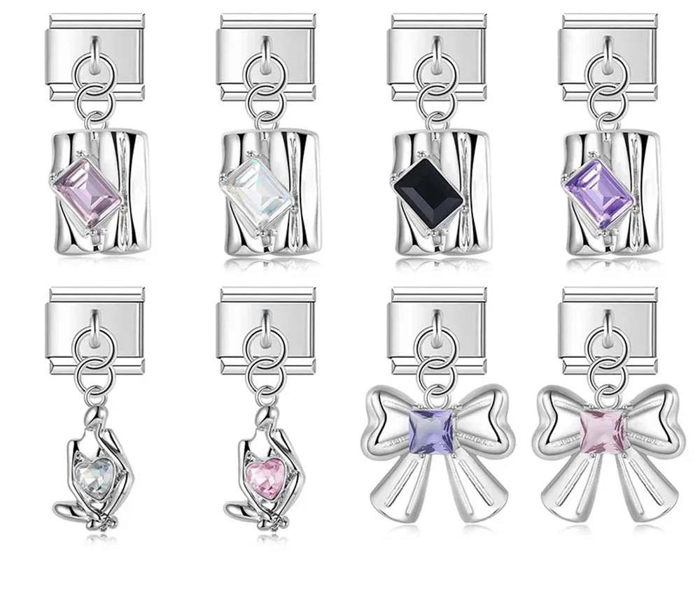 Bow Rectangle Gemstone charms – silver rectangle gemstone, heart-in-hands, and bow CZ charms in pink, clear, black, and purple, Italian charm bracelet charms by Charmtastic