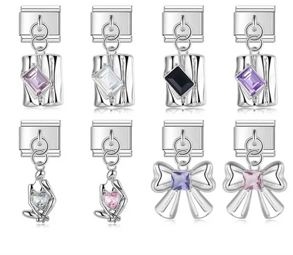 Bow Rectangle Gemstone charms – silver rectangle gemstone, heart-in-hands, and bow CZ charms in pink, clear, black, and purple, Italian charm bracelet charms by Charmtastic