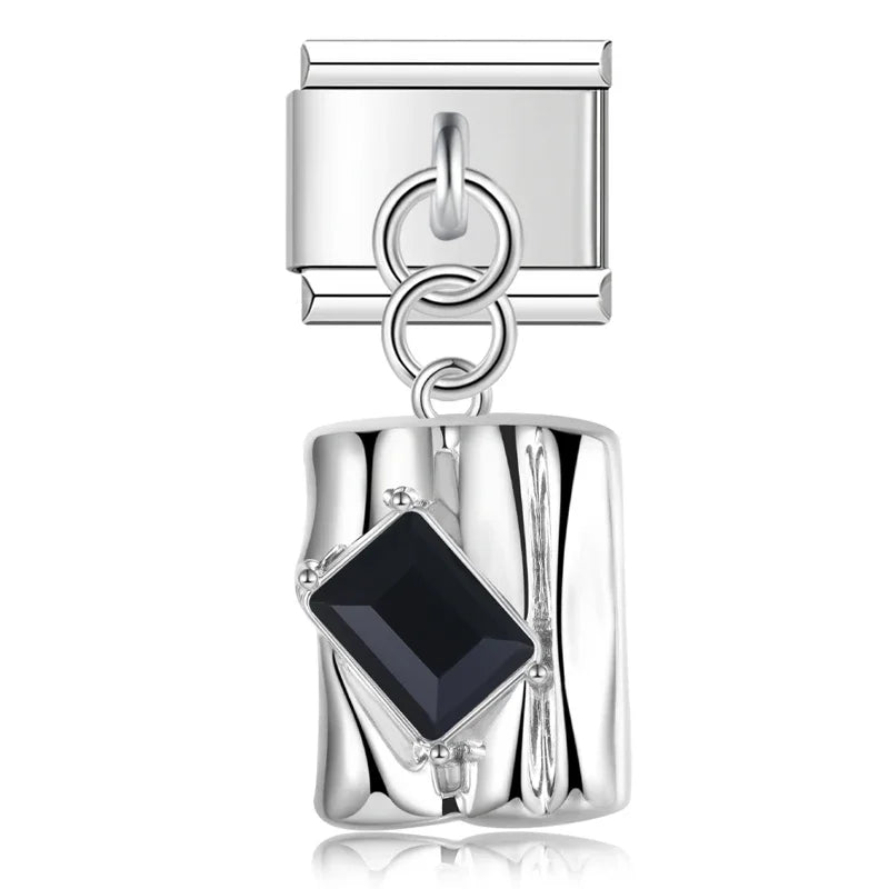 Bow Rectangle Gemstone charms – silver rectangle charm with black CZ, Italian charm bracelet charm by Charmtastic