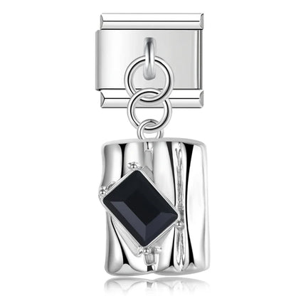 Bow Rectangle Gemstone charms – silver rectangle charm with black CZ, Italian charm bracelet charm by Charmtastic