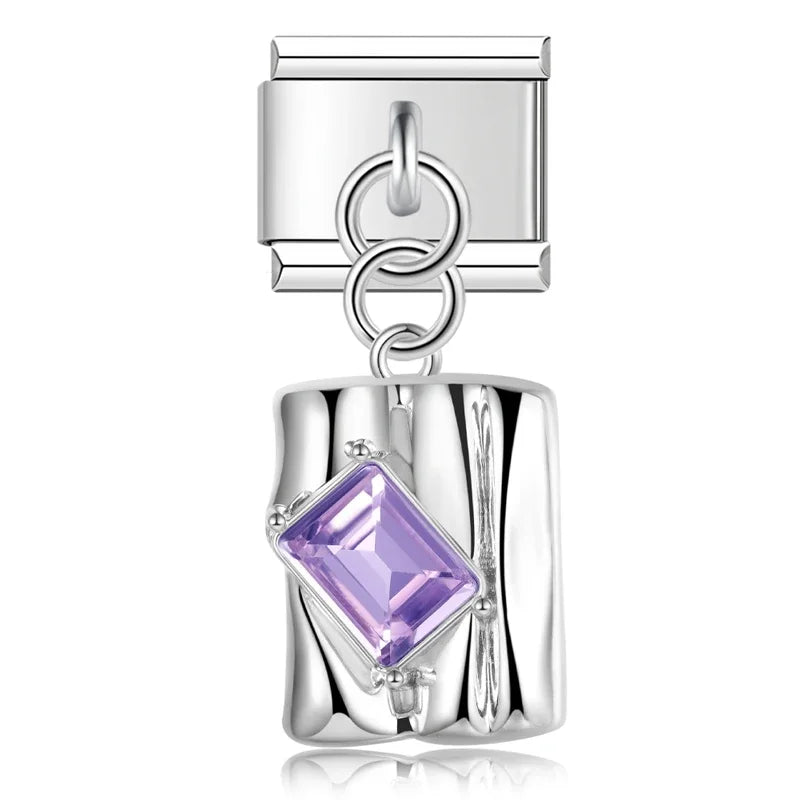 Bow Rectangle Gemstone charms – silver rectangle charm with purple CZ, Italian charm bracelet charm by Charmtastic