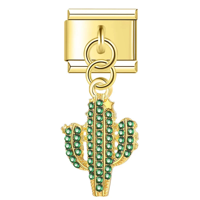 Boy Girl Tree Flower Heart Moon charms – gold-tone cactus charm with green CZ pave, Italian charm bracelet charm by Charmtastic