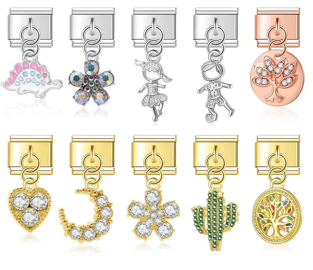 Boy Girl Tree Flower Heart Moon charms – assorted silver, gold, and rose gold dangle charms including dinosaur, flowers, girl figures, tree of life, cactus, heart, and moon designs, Italian charm bracelet charms by Charmtastic
