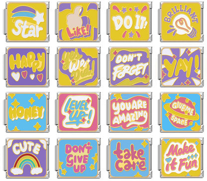 Bright Affirmations & Pop Art Quote Charms – overview of 16 retro pop-art word enamel charms: Star, Like, Do It, Brilliant, Happy, Yes We Did, Don't Forget, Yay, Honey, Level Up, You Are Amazing, Give Me Space, Cute, Don't Give Up, Take Care and Make It Fun, Italian charm bracelet charms by Charmtastic
