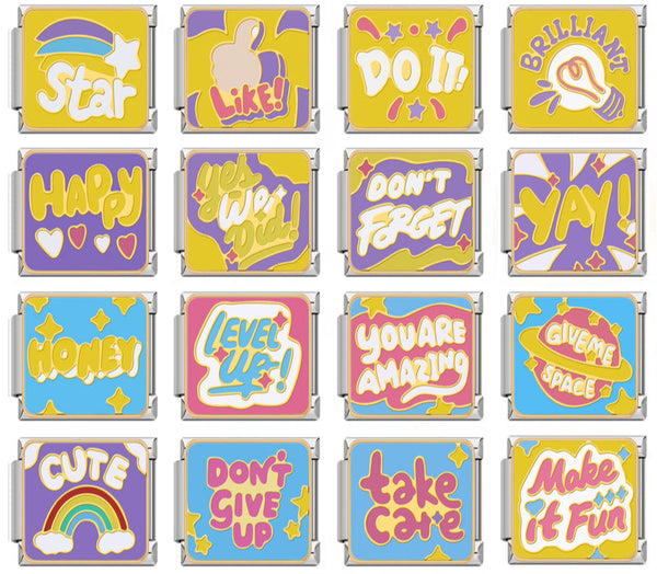 Bright Affirmations & Pop Art Quote Charms – overview of 16 retro pop-art word enamel charms: Star, Like, Do It, Brilliant, Happy, Yes We Did, Don't Forget, Yay, Honey, Level Up, You Are Amazing, Give Me Space, Cute, Don't Give Up, Take Care and Make It Fun, Italian charm bracelet charms by Charmtastic