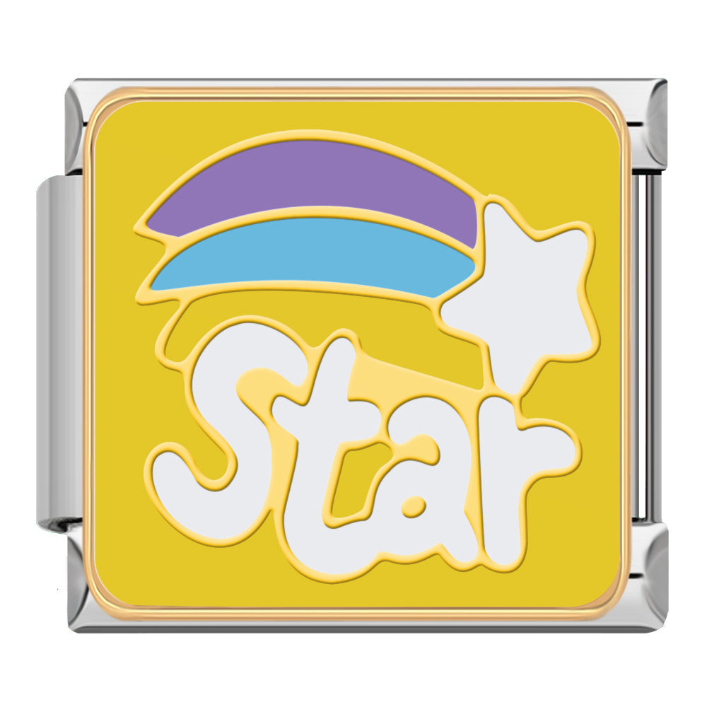 Bright Affirmations & Pop Art Quote Charms – Star word enamel charm with shooting star on yellow background, Italian charm bracelet charm by Charmtastic