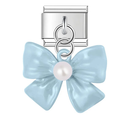 Blue enamel bow dangle with pearl — Italian charm bracelet, by Charmtastic