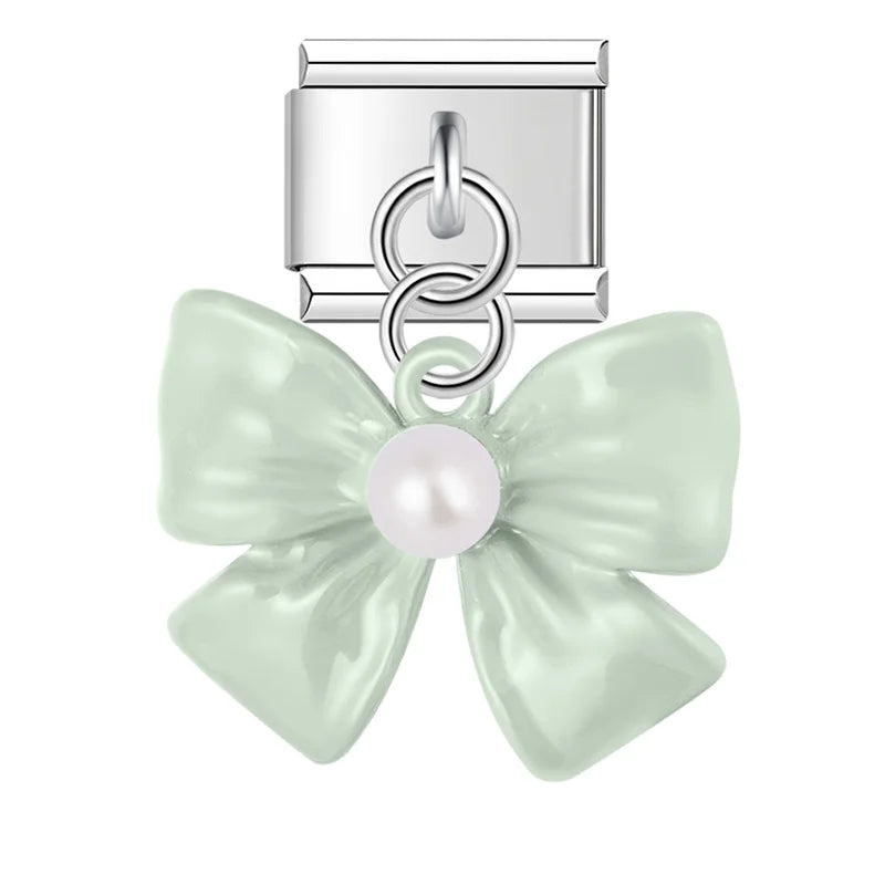 Mint enamel bow dangle with pearl — Italian charm bracelet, by Charmtastic