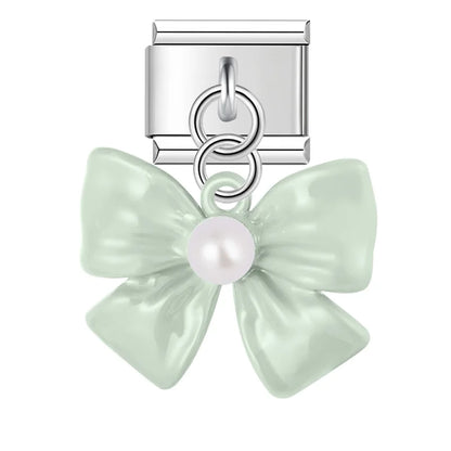 Mint enamel bow dangle with pearl — Italian charm bracelet, by Charmtastic