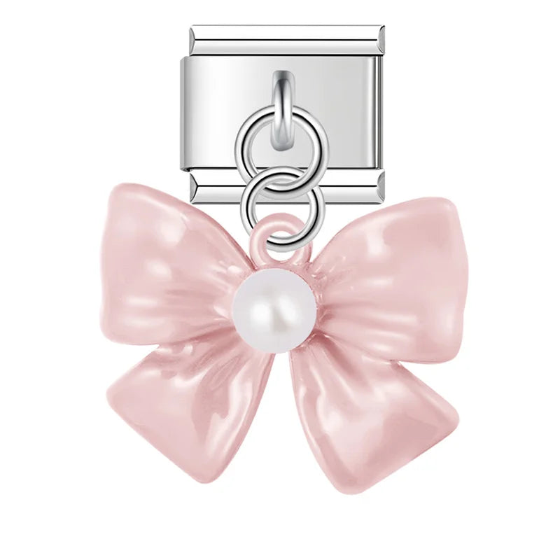 Pink enamel bow dangle with pearl — Italian charm bracelet, by Charmtastic