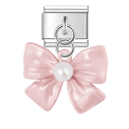 Pink enamel bow dangle with pearl — Italian charm bracelet, by Charmtastic