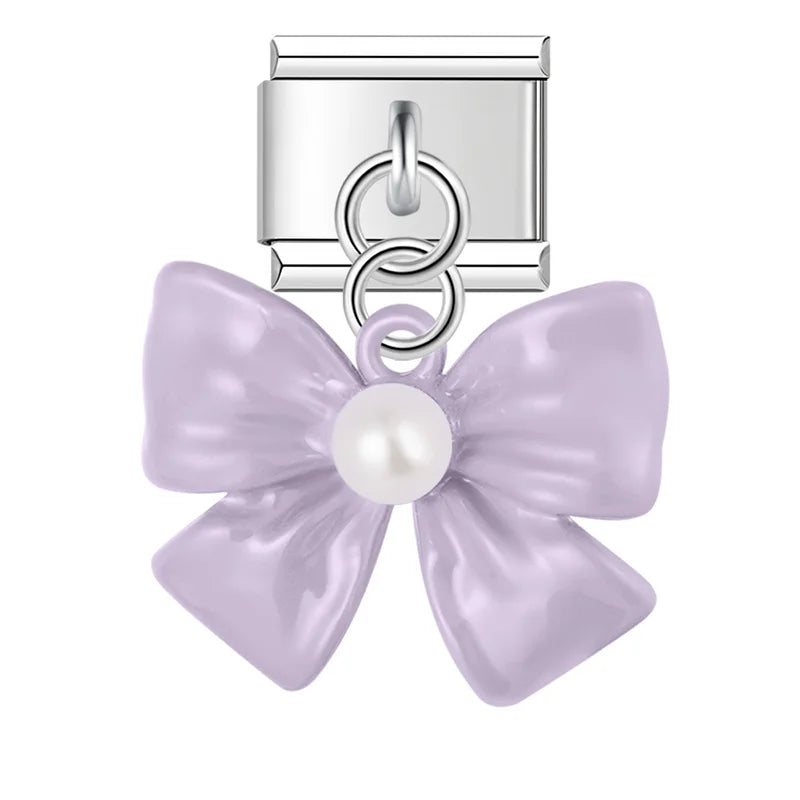 Purple enamel bow dangle with pearl — Italian charm bracelet, by Charmtastic