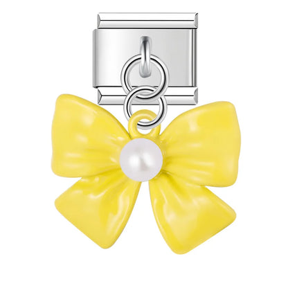 Yellow enamel bow dangle with pearl — Italian charm bracelet, by Charmtastic