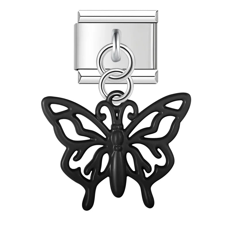 Black cutout filigree butterfly dangle — Italian charm bracelet, by Charmtastic