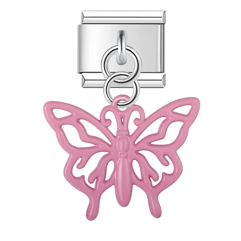 Pink cutout filigree butterfly dangle — Italian charm bracelet, by Charmtastic