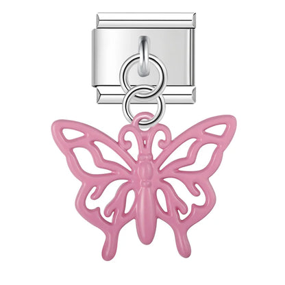 Pink cutout filigree butterfly dangle — Italian charm bracelet, by Charmtastic