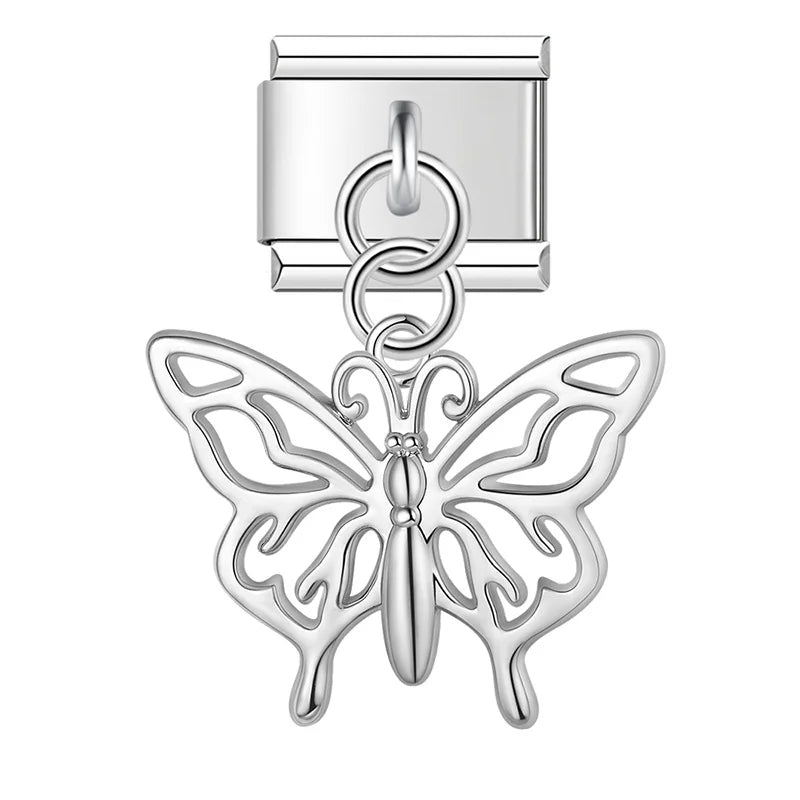 Silver cutout filigree butterfly dangle — Italian charm bracelet, by Charmtastic