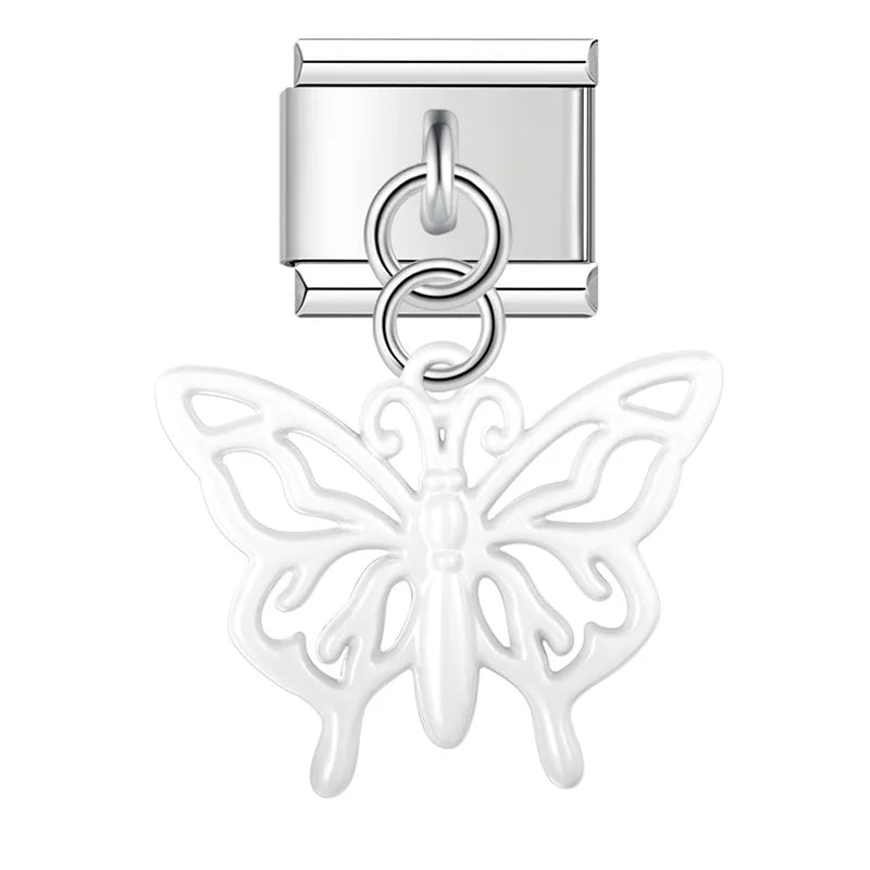 White cutout filigree butterfly dangle — Italian charm bracelet, by Charmtastic