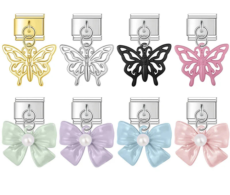 Cutout butterfly and pearl bow dangle Italian charms collection, by Charmtastic