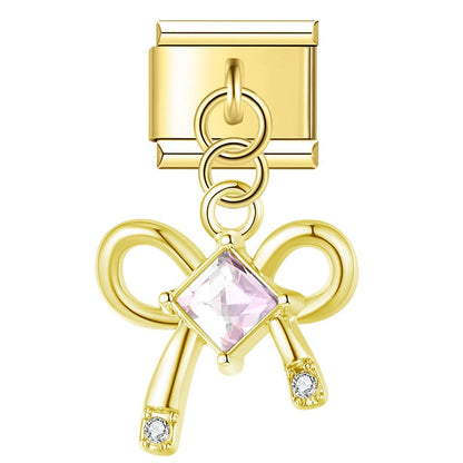 second view of Butterfly Bowknot gold&silver Charms – gold bow charm with pink CZ stone, Italian charm bracelet charm by Charmtastic