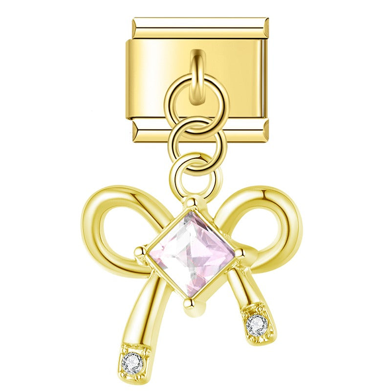 Butterfly Bowknot gold&silver Charms – gold bow charm with pink CZ stone, Italian charm bracelet charm by Charmtastic