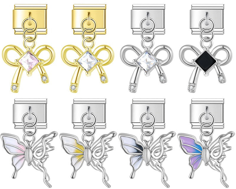 Butterfly Bowknot gold&silver Charms – bow and butterfly charm set with CZ stones, Italian charm bracelet charms by Charmtastic
