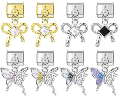 Butterfly Bowknot gold&silver Charms – bow and butterfly charm set with CZ stones, Italian charm bracelet charms by Charmtastic