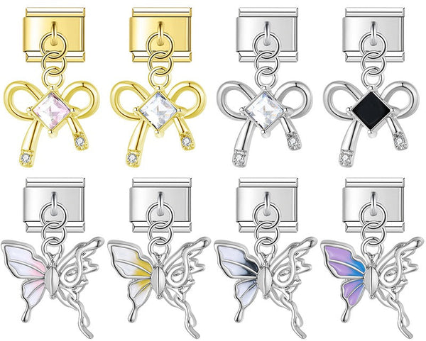 Butterfly Bowknot gold&silver Charms – bow and butterfly charm set with CZ stones, Italian charm bracelet charms by Charmtastic