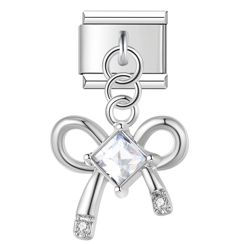 Butterfly Bowknot gold&silver Charms – silver bow charm with clear CZ stone, Italian charm bracelet charm by Charmtastic
