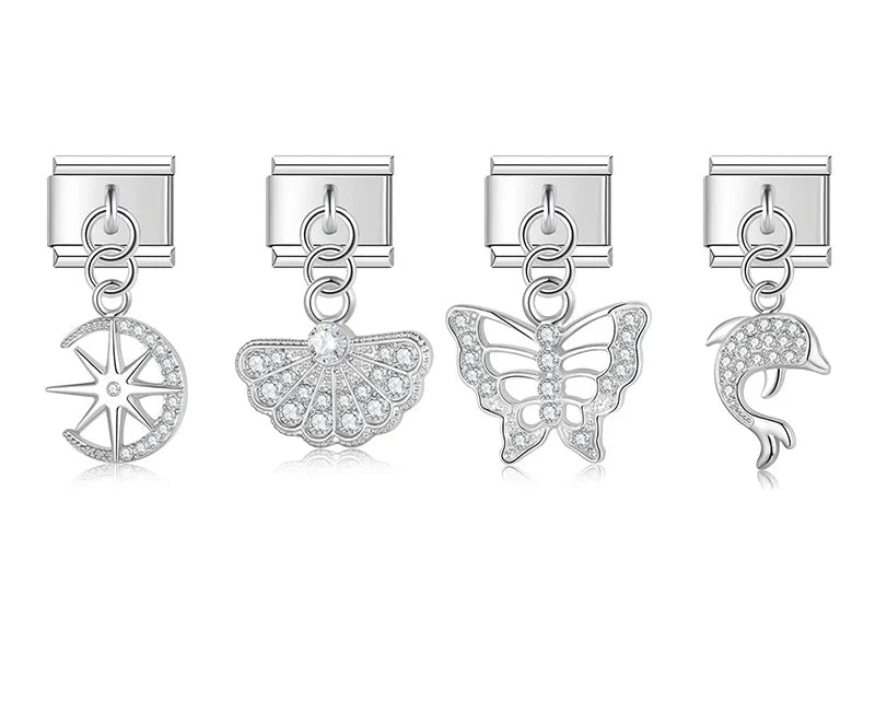 Butterfly Dolphins Star silver charms – silver CZ charms including star compass, shell, butterfly, and dolphin, Italian charm bracelet charms by Charmtastic
