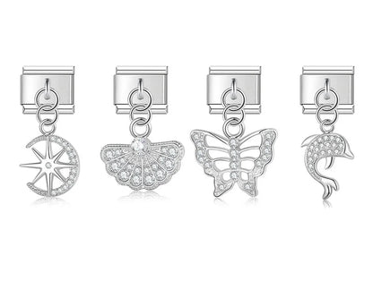Butterfly Dolphins Star silver charms – silver CZ charms including star compass, shell, butterfly, and dolphin, Italian charm bracelet charms by Charmtastic