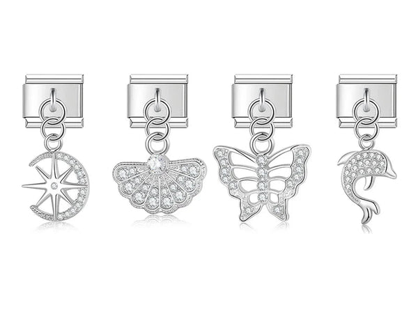 Butterfly Dolphins Star silver charms – silver CZ charms including star compass, shell, butterfly, and dolphin, Italian charm bracelet charms by Charmtastic