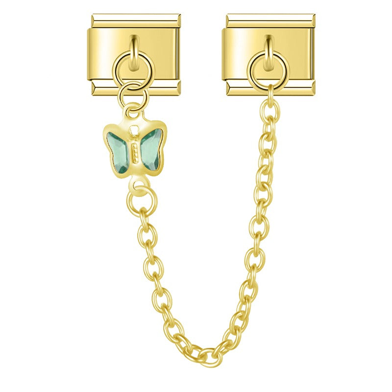 Gold safety chain with green crystal butterfly — Italian charm bracelet, by Charmtastic