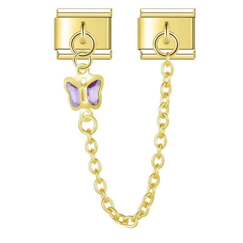Gold safety chain with purple crystal butterfly — Italian charm bracelet, by Charmtastic