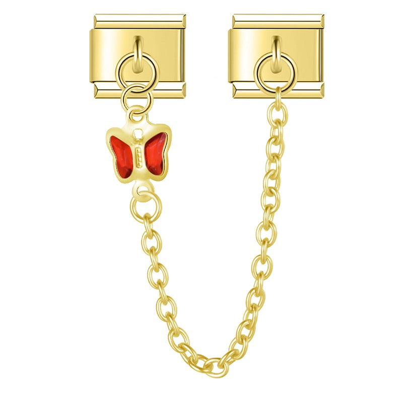 Gold safety chain with red crystal butterfly — Italian charm bracelet, by Charmtastic