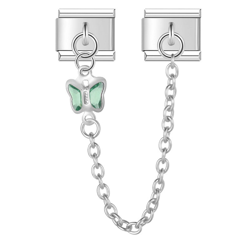 Silver safety chain with green crystal butterfly — Italian charm bracelet, by Charmtastic