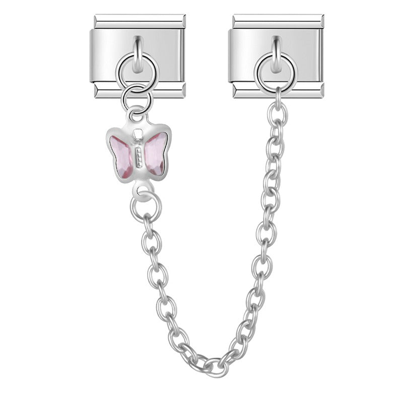Silver safety chain with pink crystal butterfly — Italian charm bracelet, by Charmtastic
